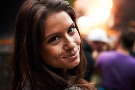 Photo for Happy woman, portrait and face at outdoor music festival for party, event or DJ concert in nature. Closeup of female person smile in crowd at night for carnival, performance or summer fest outside. - Royalty Free Image