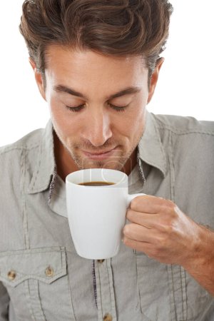 Photo for Man, coffee and smell aroma for happy morning beverage for work motivation, espresso or white background. Male person, model and caffeine scent in mug for latte breakfast, .studio or mockup space. - Royalty Free Image