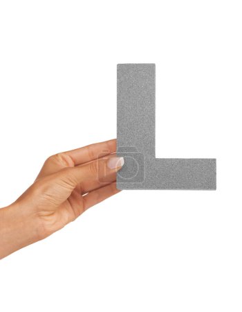 Photo for Hands, alphabet and capital letter L in studio isolated on a white background mockup space. Fingers, font and closeup of sign for typo, communication or learning language, character or uppercase icon. - Royalty Free Image