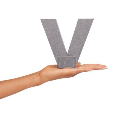 Photo for V, alphabet and hand with letter on a white background for spelling, language and message. English, communication and isolated sign, symbol and icon on palm in studio for learning, education and font. - Royalty Free Image