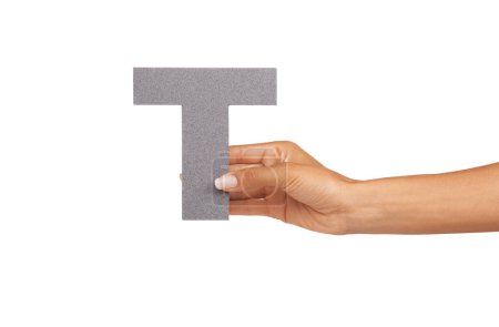 Photo for Hands, font and capital letter T in studio isolated on a white background mockup space. Fingers, alphabet and closeup of sign for typo, communication or learning language, character or uppercase icon. - Royalty Free Image
