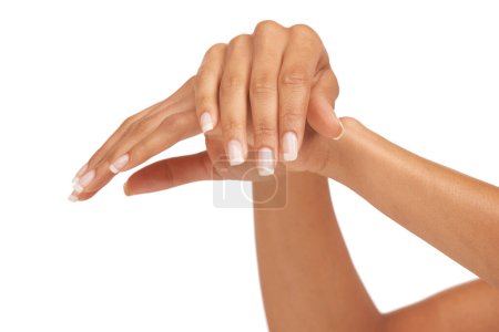 Photo for Woman, hands and palm in studio with manicure for cosmetics, skincare or nail treatment for wellness. Person, fingers or mock up space for cosmetology, moisturiser and smooth skin on white background. - Royalty Free Image
