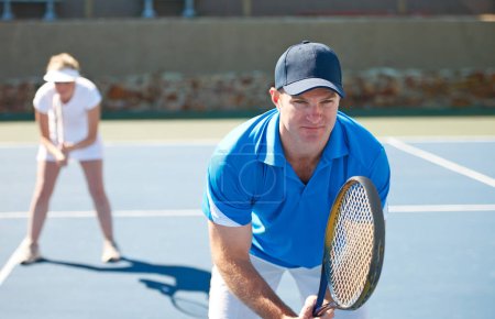 Photo for Tennis match, couple and sports in outdoors, competition and playing on court at country club. People, training and exercise or ready for game, performance and practice or collaboration for challenge. - Royalty Free Image