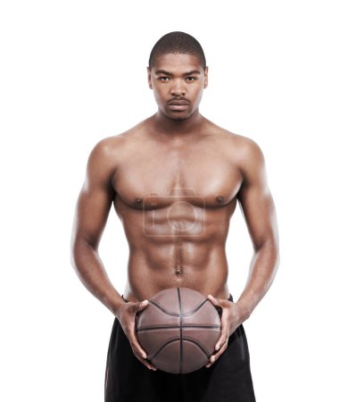 Photo for Man, basketball player and portrait for training, standing and shirtless on white background, confident and game. Studio backdrop, fit and sportsman for exercise, health and african active athlete. - Royalty Free Image
