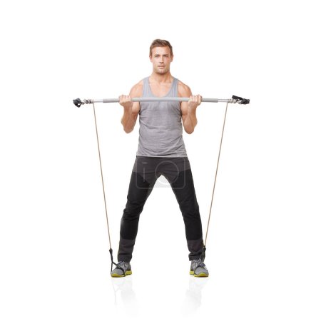 Photo for Exercise, man and resistance band with portrait, training and fitness isolated on white studio background. Mockup space, person and model with workout, healthy and wellness with energy and stretching. - Royalty Free Image