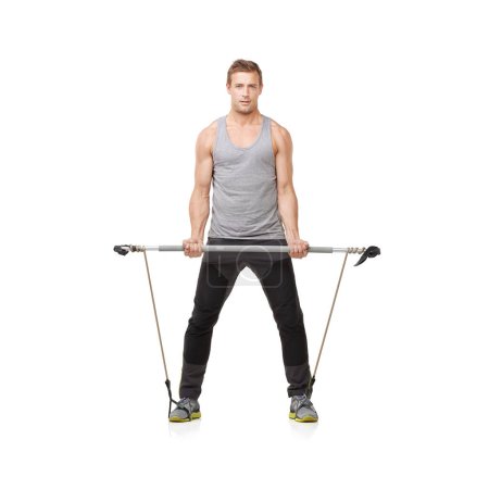 Photo for Fitness, man and resistance band with portrait, training and wellness isolated on white studio background. Mockup space, person and model with workout, healthy and exercise with energy and stretching. - Royalty Free Image