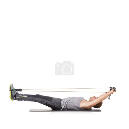 Photo for Exercise, man and resistance band with fitness, workout and wellness isolated on white studio background. Mockup space, person or model with training, healthy and progress with energy or bodybuilding. - Royalty Free Image