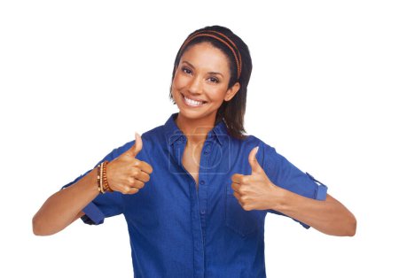 Photo for Woman, thumbs up and portrait or smile in studio for good news support, agreement or vote yes. Female person, face and hand gesture on white background for mockup space for winning, approval or like. - Royalty Free Image
