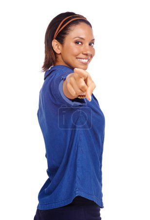 Photo for Studio portrait, happiness and woman pointing at you, choice or encouragement support for promotion vote. Hiring decision, hand gesture and person smile for recruitment isolated on white background. - Royalty Free Image