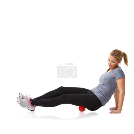 Photo for Woman, massage ball and healing or yoga in studio, injury and health or wellness by white background. Female person, pilates and physical therapy or rehabilitation for muscles in body and mockup. - Royalty Free Image