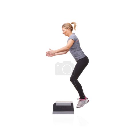 Photo for Exercise, woman and aerobics with health, fitness and wellness isolated on a white studio background. Person, girl and model with steps, balance and workout with cardio, energy and mockup space. - Royalty Free Image