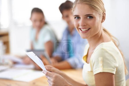 Photo for Smile, document and portrait of woman in a meeting in office for project planning or brainstorming. Happy, team and closeup of young female designer from Australia working with paperwork in workplace. - Royalty Free Image