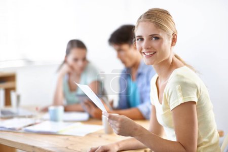 Photo for Happy, document and portrait of woman in a meeting in office for project planning or brainstorming. Smile, team and closeup of young female designer from Australia working with paperwork in workplace. - Royalty Free Image