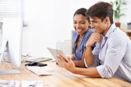 Photo for Business people, tablet and collaboration for project management in office, discussion and tech. Partnership, communication and smiling for online research or internet connection, support and happy. - Royalty Free Image
