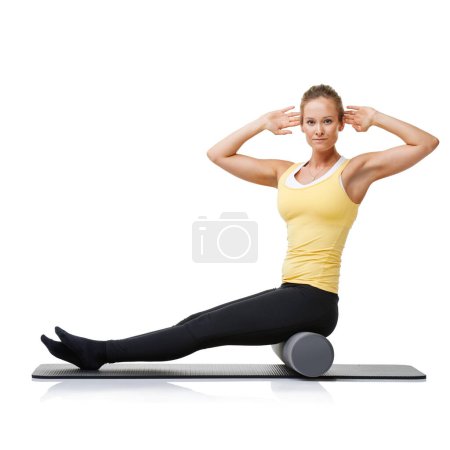 Photo for Studio workout, foam roller and portrait of woman with posture exercise, stretching or yoga performance challenge. Floor, core training or person sitting on fitness club equipment on white background. - Royalty Free Image