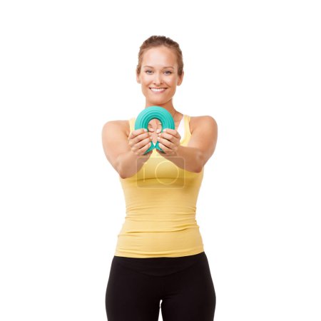 Photo for Happy woman, portrait and bend grip in fitness for arm workout isolated against a white studio background. Young female person, athlete and band for resistance, training or exercise on mockup space. - Royalty Free Image