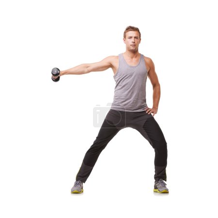 Photo for Workout, bodybuilder or man with dumbbells training, exercise or fitness for wellness. White background, studio mockup space or healthy athlete doing lateral raises for strong shoulders or muscle. - Royalty Free Image