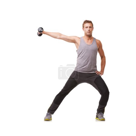 Photo for Portrait, bodybuilder or man with dumbbells training, exercise or fitness for wellness in studio. White background, mockup or healthy athlete in lateral raises workout for strong shoulders or muscle. - Royalty Free Image