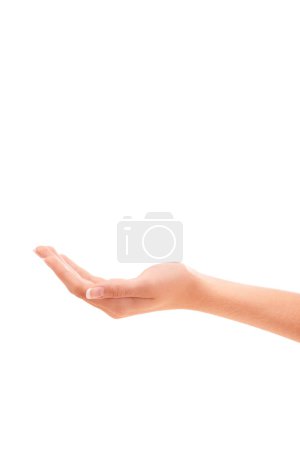 Photo for Woman, hand and skincare in advertising for cosmetics or beauty product against a white studio background. Closeup of female person palm for soft skin, glow or dermatology in wellness on mockup space. - Royalty Free Image