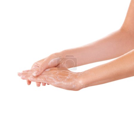 Photo for Skincare, foam and washing hands closeup in studio isolated on a white background mockup space. Fingers, nails and woman cleaning with soap, dermatology and bacteria prevention, hygiene and health. - Royalty Free Image