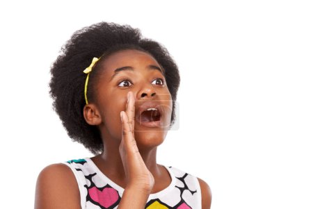 Photo for Surprise, shouting and young black girl in studio with wow, wtf or omg facial expression for bad news. Scared, screaming and African teenager with shock and amazing face isolated by white background - Royalty Free Image