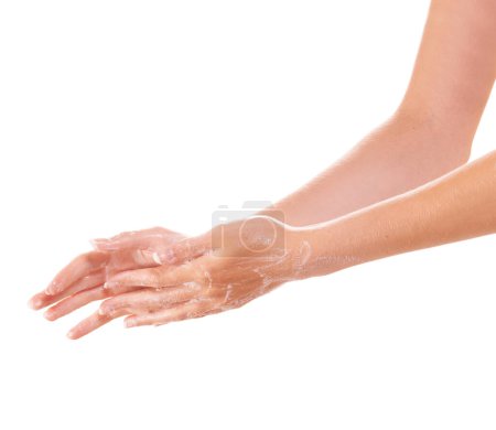 Photo for Skincare, soap and washing hands closeup in studio isolated on a white background mockup space. Fingers, nails and woman cleaning with foam, dermatology and bacteria prevention, hygiene or health. - Royalty Free Image