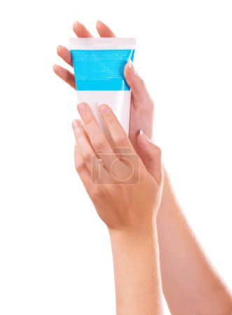 Photo for Woman, hands and skincare product for cosmetics, cream or beauty against a white studio background. Closeup of female person, container or lotion SPF or creme for soft skin or moisturizer on mockup. - Royalty Free Image