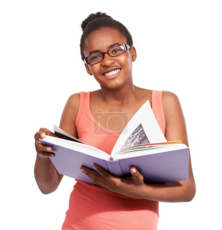 Photo for Portrait, smile and black girl with a book, knowledge and glasses isolated on white studio background. Face, African person or teenager with hobby, eyewear or cheerful with child, student or learning. - Royalty Free Image