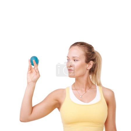 Photo for Woman, squeeze and stress ball in fitness for exercise against a white studio background. Serious female person in relief, tension or anger management in gym workout or training on mockup space. - Royalty Free Image