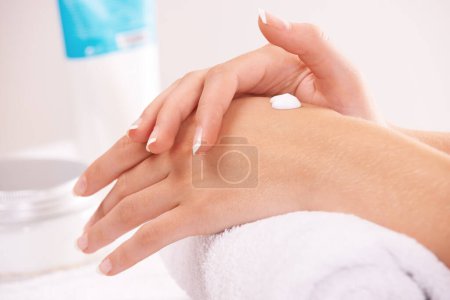 Photo for Skincare, cream and hands closeup in spa therapy, touch massage or wellness. Fingers, nails or woman apply lotion in treatment, natural cosmetics or dermatology moisturizer, beauty health or manicure. - Royalty Free Image