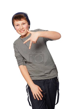 Photo for Portrait, fashion and hand gesture with a boy child in studio isolated on a white background for style. Smile, hip or trendy with a happy young kid looking confident or cool in a clothes outfit. - Royalty Free Image