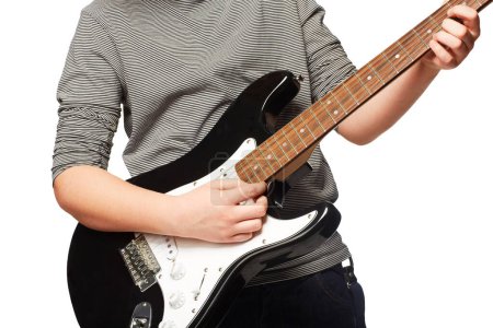 Photo for Hands, guitar and studio performance for rock music, playing or concert in closeup by white background. Creative person, artist or musician in clothes, instrument and art with song, band or fashion. - Royalty Free Image