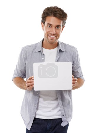 Photo for Portrait, smile and man on poster, sign and advertising on mockup space isolated on a white studio background. Face, happy person and show paper banner on sales promo, information or blank placard. - Royalty Free Image