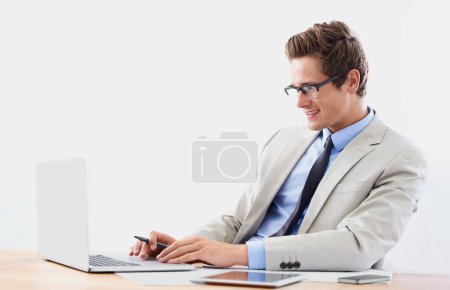 Photo for Business man, working on computer or planning for stock market research, trading solution or software management. Professional person or trader reading in glasses and vision for finance on his laptop. - Royalty Free Image