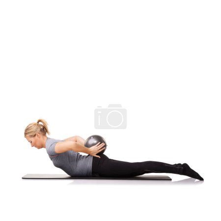 Photo for Exercise ball, fitness and woman with workout, stretching and wellness isolated on a white studio background. Person, mockup space and girl with training, healthy and breathing with balance and body. - Royalty Free Image
