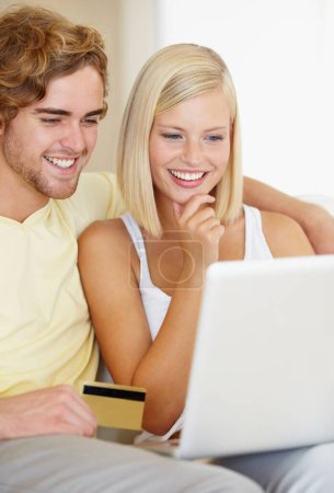 Photo for Couple, credit card and thinking on computer for online shopping, loan choice or digital money on sofa at home. Happy woman and man on laptop for internet banking, website payment or e commerce ideas. - Royalty Free Image