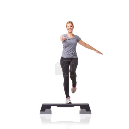 Photo for Portrait, aerobics and woman with balance, workout and model isolated on a white studio background. Person, mockup space and girl with training, wellness and energy with cardio, fitness and happy. - Royalty Free Image