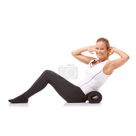 Photo for Woman, fitness and mat in studio for sit ups, pilates or workout for healthy body, wellness and core muscle. Person, portrait and yoga or smile for abdomen health on mockup space and white background. - Royalty Free Image