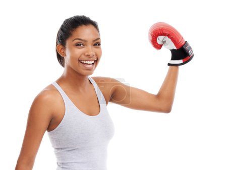 Photo for Portrait, boxer and glove with woman, flex and exercise isolated on a white studio background. Face, person and challenge with wellness, boxing and mma training with performance, energy or workout. - Royalty Free Image