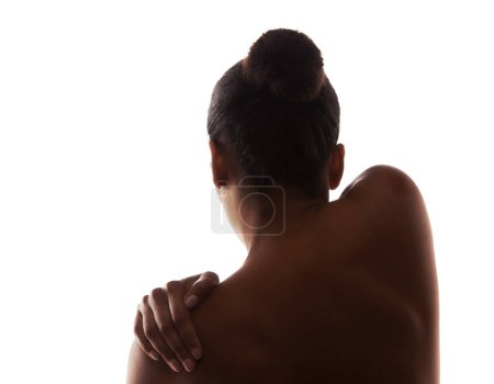 Photo for Woman, nudity and naked body with back, figure and sexy for artistic, beauty and white studio background. Model, creative and female person with skin, bare or standing with touch, posing or beautiful. - Royalty Free Image