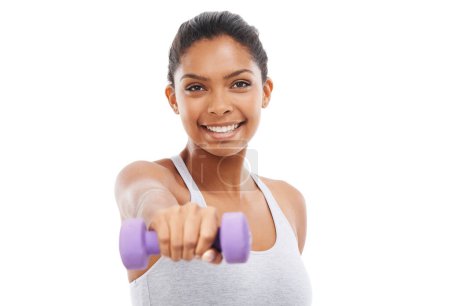 Photo for Workout, happy woman and dumbbell in studio portrait for health, exercise and fitness or gym power. Young bodybuilder or a sports person in training, strong and muscle wellness on a white background. - Royalty Free Image