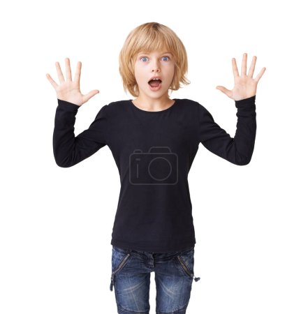 Photo for Portrait, wow or surprise with a young girl in studio isolated on white background for reaction. Emoji, kids and amazing with an excited blonde child looking shocked by a notification or announcement. - Royalty Free Image