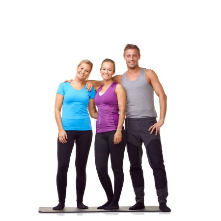 Photo for Woman, man and personal trainer portrait in studio for exercise workout, sport health or white background. Female people, fitness person and face on yoga mat or mockup space. wellbeing or challenge. - Royalty Free Image
