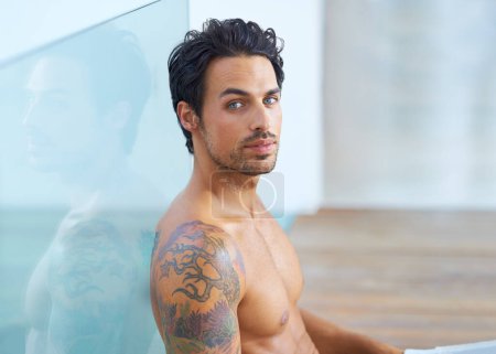 Photo for Man, shirtless and portrait for relax confidence on vacation holiday, weekend rest or casual day. Male person, topless and face or tattoo ink for cool edgy look or proud muscle, chest or fit healthy. - Royalty Free Image