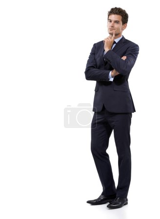 Photo for Business man, thinking of ideas and mockup space for solution, questions or vision, sales goals and emoji portrait in studio. Corporate worker for investment decision and choice on a white background. - Royalty Free Image
