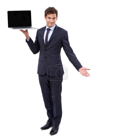 Photo for Business man, laptop screen and portrait in studio for presentation, career software and website information. Professional worker with computer mockup for online registration on a white background. - Royalty Free Image