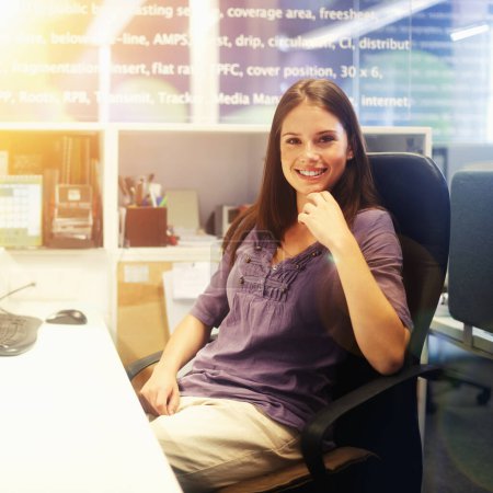 Photo for Happy woman, worker and lens flare in a office with employee and business consultant in a workplace. Desk, working and female professional at a company with staff and entrepreneur with smile at job. - Royalty Free Image