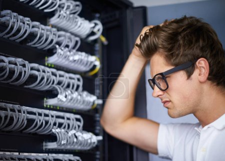 Photo for Server room, thinking and confused man with cables for connectivity, night and check hardware. Cybersecurity system, it network and technician for glitch, data center and problem solving for error. - Royalty Free Image