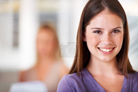 Photo for Portrait, happy and young business woman in her office for the start of career with an internship. Face, company and smile with a confident professional employee closeup in a design agency workplace. - Royalty Free Image