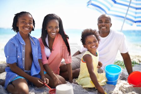Photo for African family, parents or children and portrait at beach for adventure, holiday or vacation in summer. Black people, face or smile outdoor in nature for playing, experience or bond and relationship. - Royalty Free Image